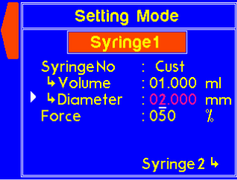 Settings mode - custom settings for syringe 1 (volume and diameter)