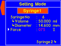 Settings mode - change the force setting for syringe 1