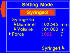 Settings mode - change the force setting for syringe 2
