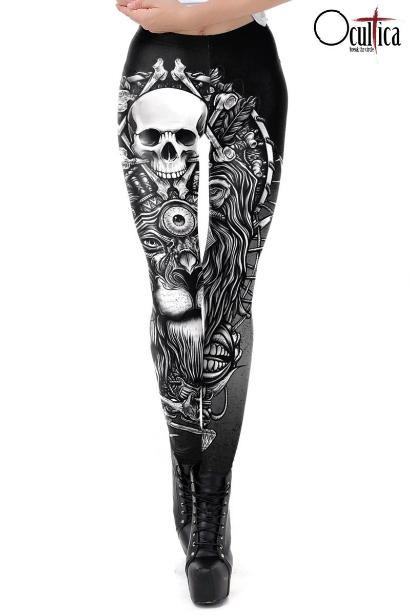 EM Quali günstig Kaufen-Skull Leggings. Skull Leggings <![CDATA[Leggings mit plaziertem Print. asymmetrischer Löwendruck mit Totenschädel. breiter, weicher Gummibund. hoher Anteil an Elasthan für den perfekten Sitz. hochwertige Qualität von Ocultica]]>. 