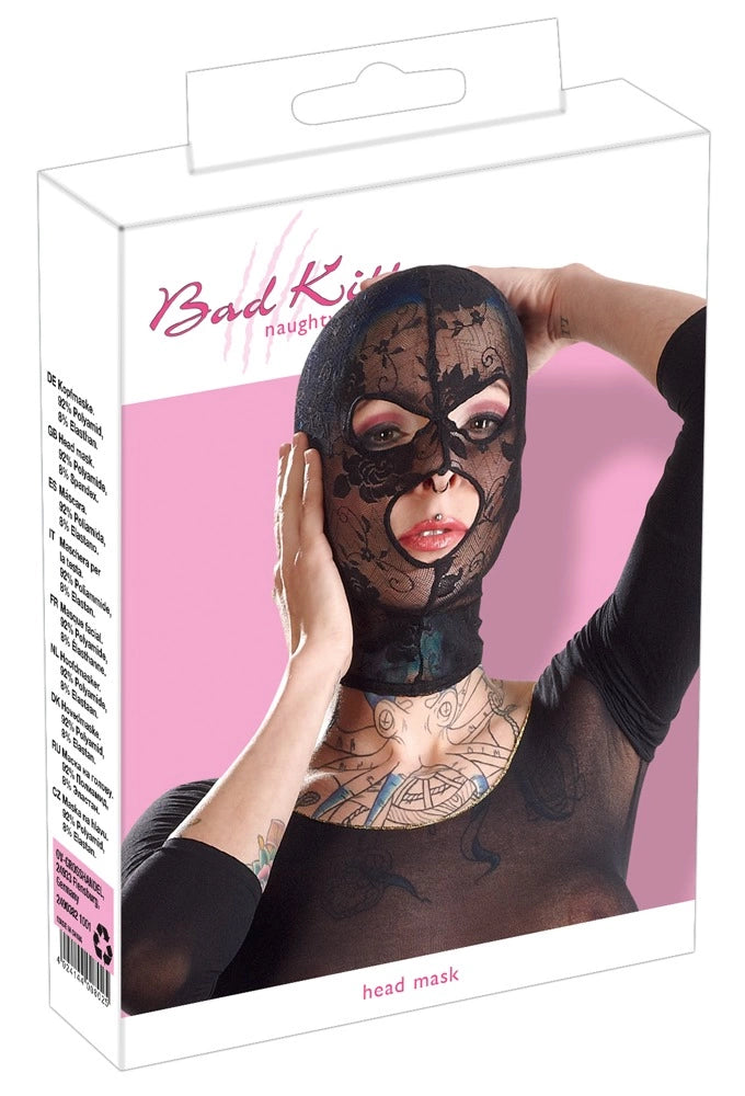 OM Black günstig Kaufen-Mask black. Mask black <![CDATA[Mysterious look!. Black, tight-fitting head mask from Bad Kitty with openings for mouth and eyes. Made of soft elastic lace for high wearing comfort.. 92% polyamide, 8% spandex.]]>. 
