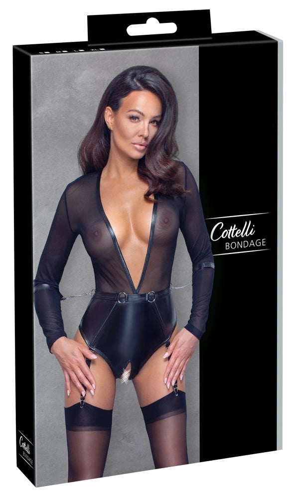 Eve of günstig Kaufen-Body black S. Body black S <![CDATA[Captivating body!. Very low-cut body from Cottelli BONDAGE with suspender straps. The top part of the long sleeve body is made out of transparent powernet and the crotchless briefs part is made out of trendy matte look 