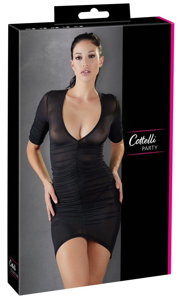 SEMI FLAT günstig Kaufen-Dress Ruffles S. Dress Ruffles S <![CDATA[Effective ruffles for perfect emphasis of the curves!. Figure-flattering mini dress with elbow length sleeves that is made out of semi transparent black material.. With effective ruffles at the front and the back.