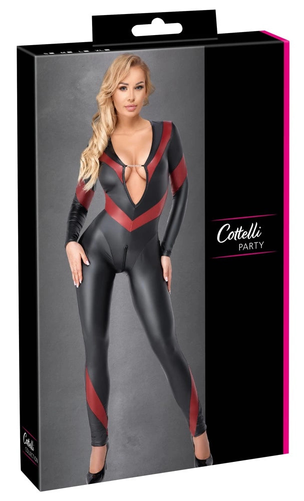 Strip und günstig Kaufen-Jumpsuit w. red M. Jumpsuit w. red M <![CDATA[2-tone matt sheen that fits like a glove!. All-round stretchy jumpsuit from Cottelli PARTY in a black matte look with contrasting red stripes. Skin-tight cut with long sleeves and long skinny legs.. Low cut do