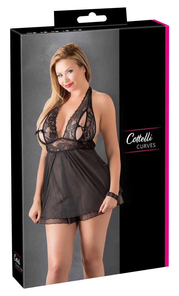 Double Double günstig Kaufen-Lace Babydoll XL. Lace Babydoll XL <![CDATA[Delicate lace meets exciting transparent material!. This black halterneck babydoll has a hook-fastener at the back and cheeky slits in the the cups that are only held together by small bows. The double-layered s