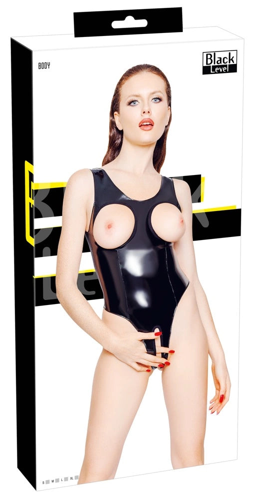 From a günstig Kaufen-Open cup Vinyl Body M. Open cup Vinyl Body M <![CDATA[Excitingly open – at the bottom and at the top!. This body from Black Level is completely made out of black, shiny vinyl. The two stretchy, seamed cut-outs are very provocative and put the bare breas