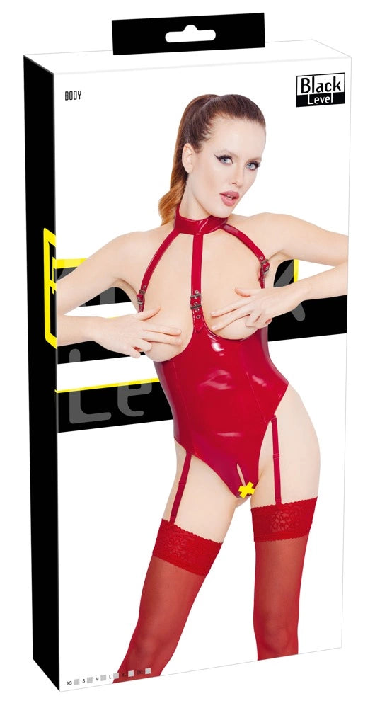 ck Black günstig Kaufen-Vinyl Body red XS. Vinyl Body red XS <![CDATA[Sinfully sexy in fiery red vinyl!. Open cup body from Black Level that is completely made out of fiery red, shiny vinyl. It is invitingly open in the crotch area and has adjustable and removable suspender stra