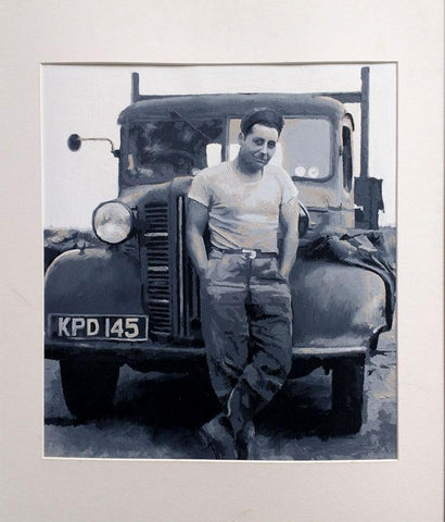 vintage paint by numbers of man in front of lorry about 1945