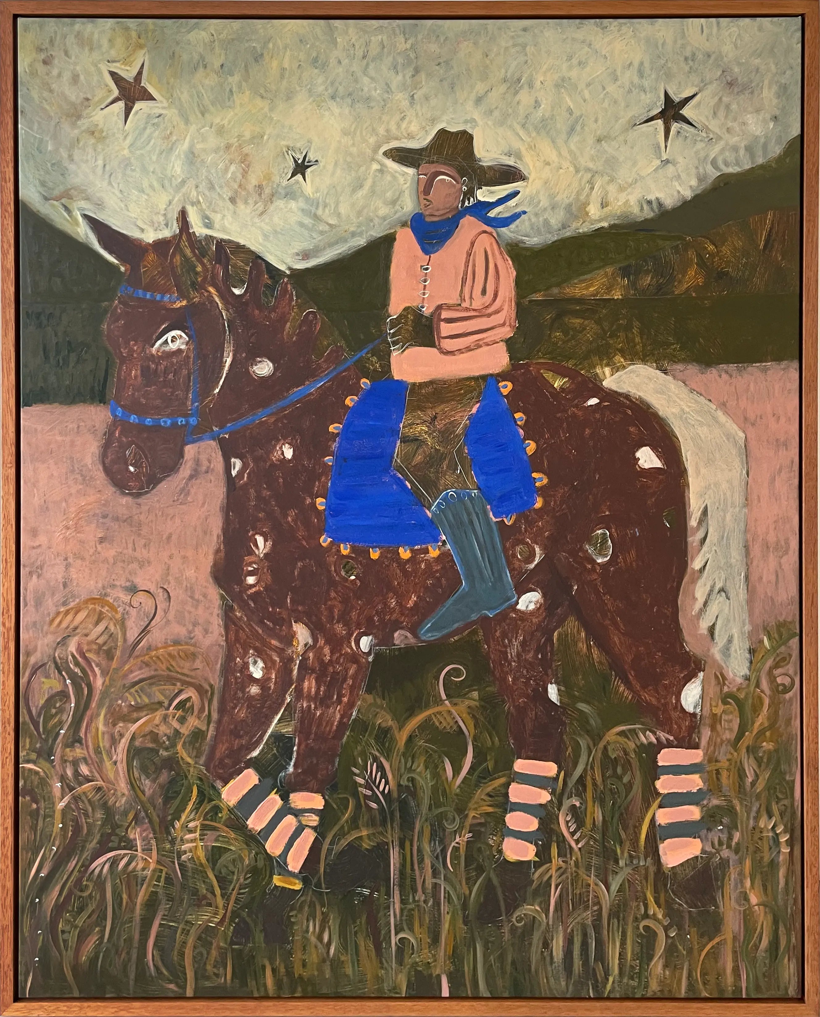 Painting of a cowboy on a horse with a starry sky background