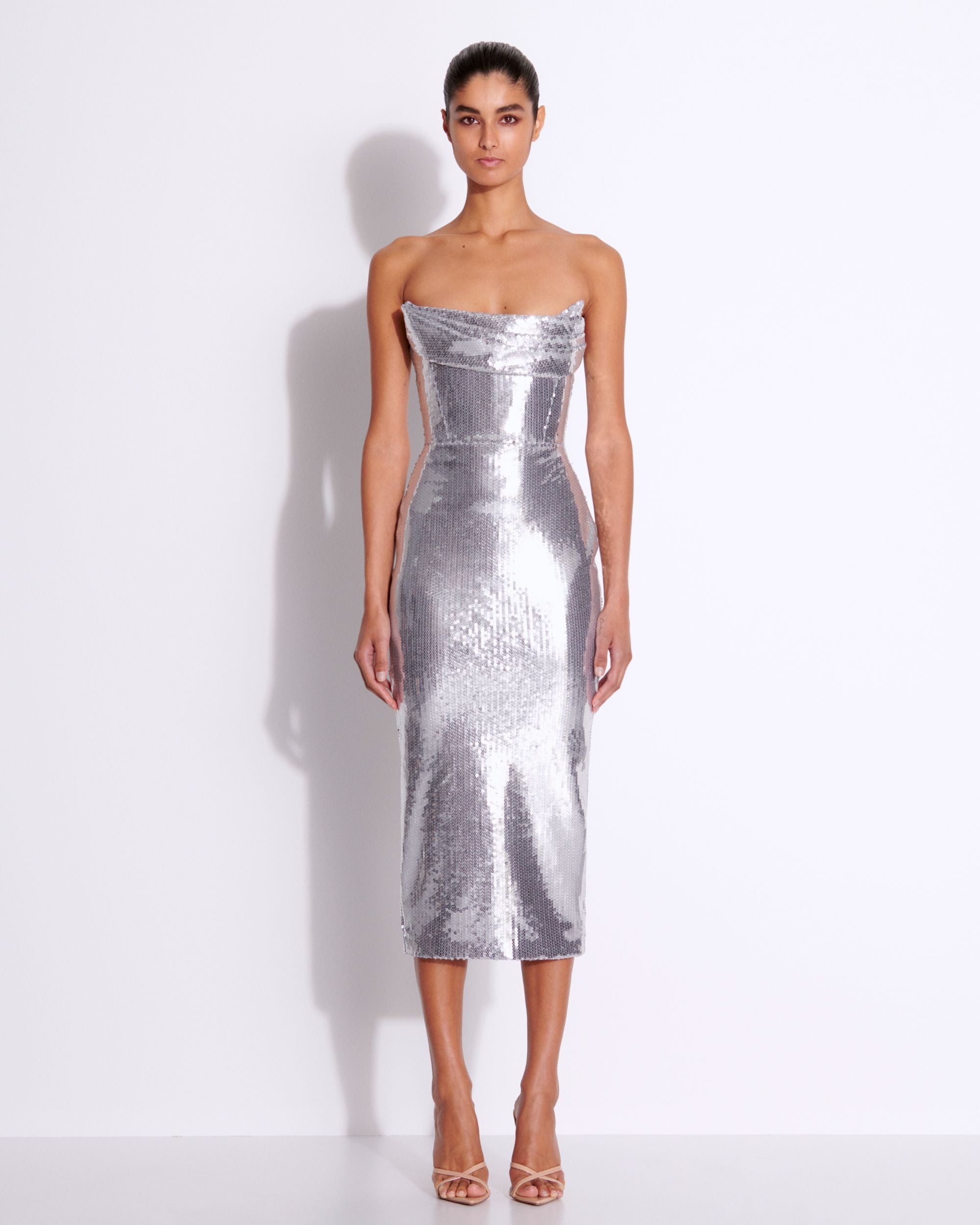 Sequin Curved Strapless Drape Dress