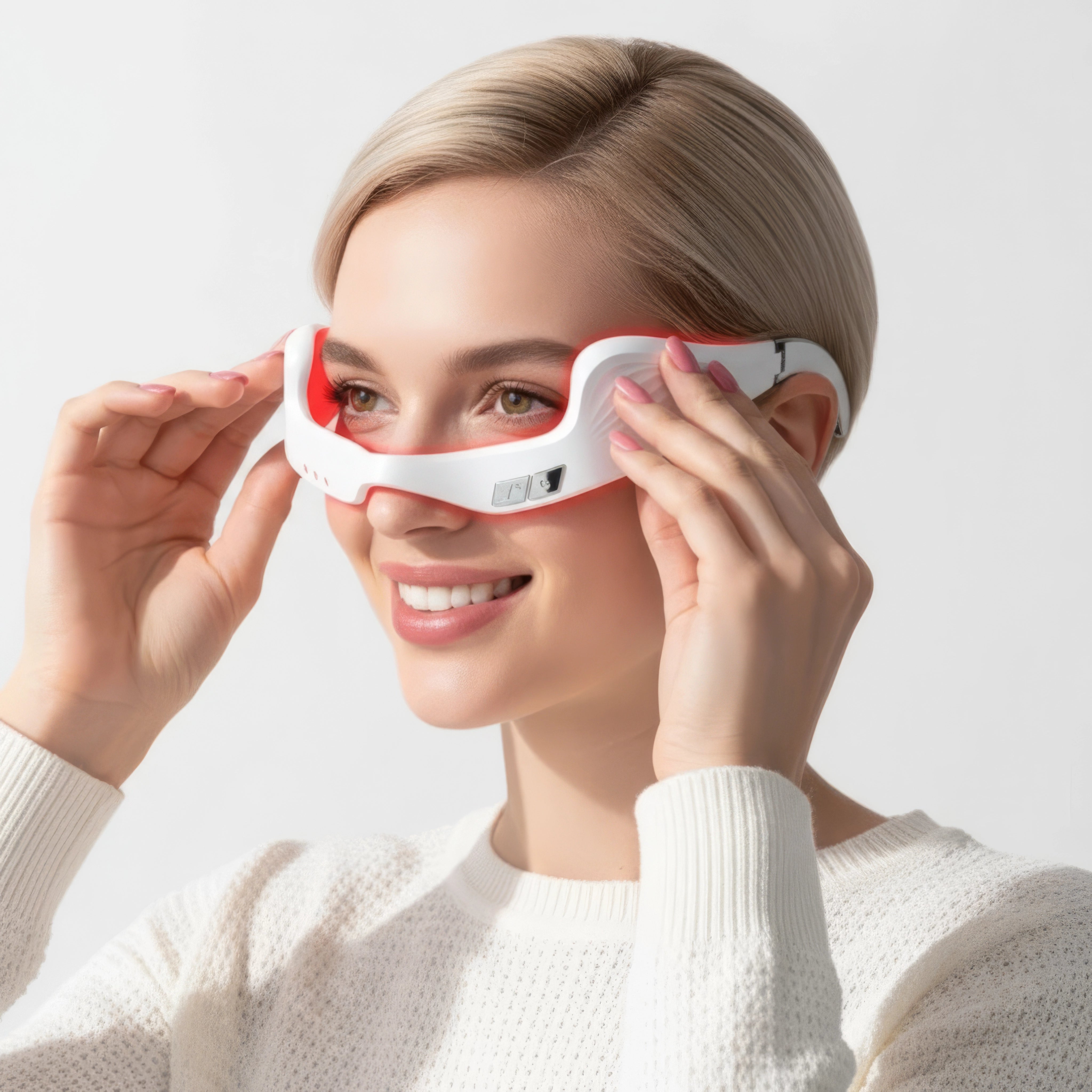 Woman putting on Bloom red light therapy glasses