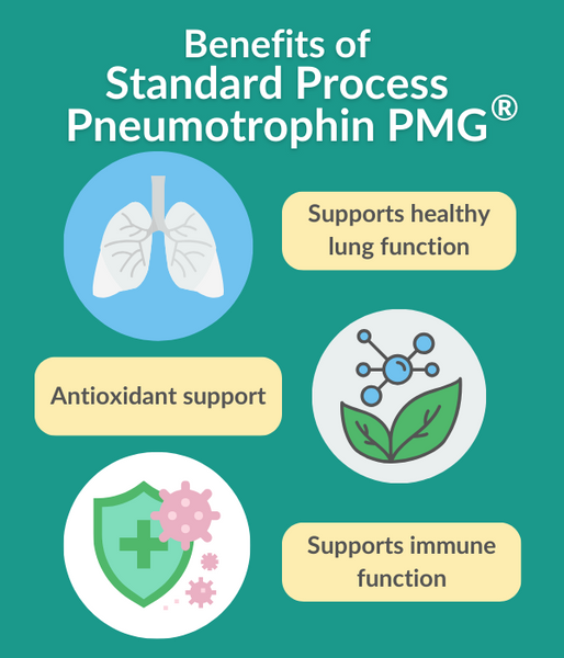 Image of lungs, antioxidant activity, and shield with health symbol. Caption: "Benefits of Pneumotrophin PMG: Supports healthy lung function. Antioxidant support. Supports immune function."
