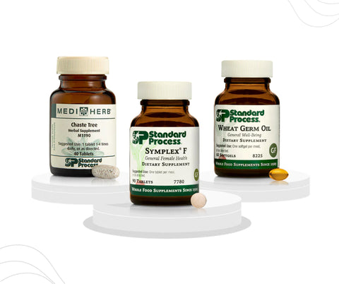 Dr. Eric Snow's Female Hormone Bundle. Bottles of Standard Process MediHerb Chaste Tree, Standard Process Wheat Germ Oil, Standard Process Symplex F