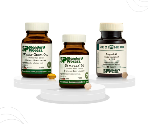 Dr. Eric Snow's Male Hormone Bundle. Contains bottles of Standard Process MediHerb Tongkat Ali, Standard Process Wheat Germ Oil, and Standard Process Symplex M