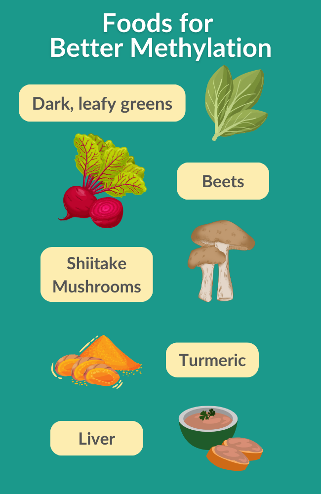 Foods for Better Methylation: Dark, leafy greens, Beets, Shiitake Mushrooms, Turmeric, Liver