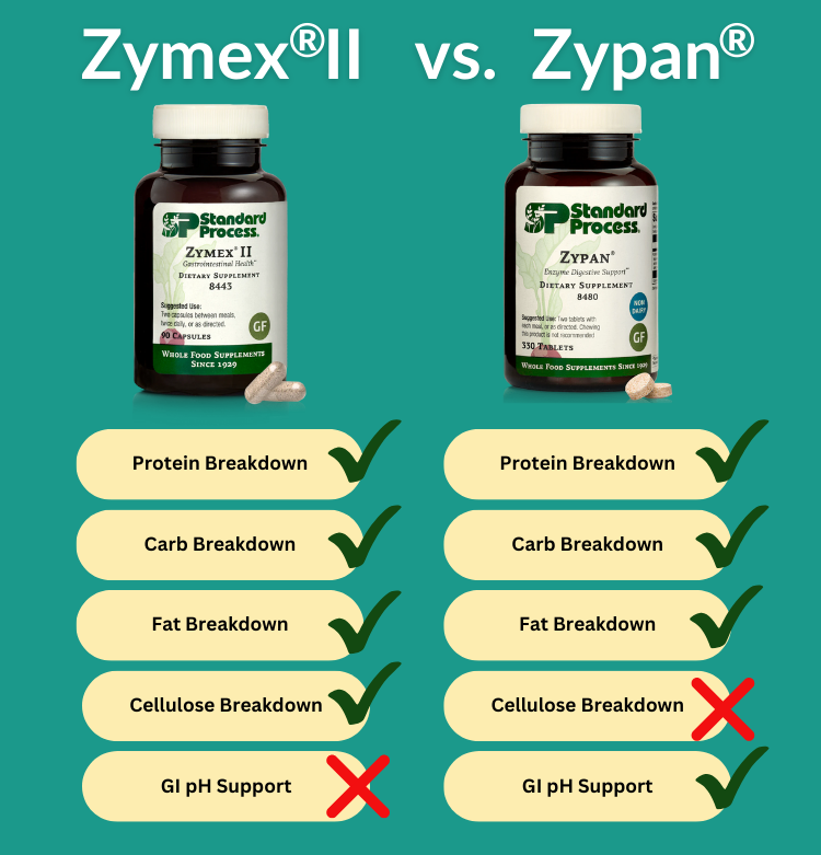 standard process zymex II vs. standard process zypan. Both Zymex II and zypan support protein breakdown, carbohydrate breakdown, and fat breakdown. Only Zypan offers GI pH support. Only Zymex II supports cellulose breakdown