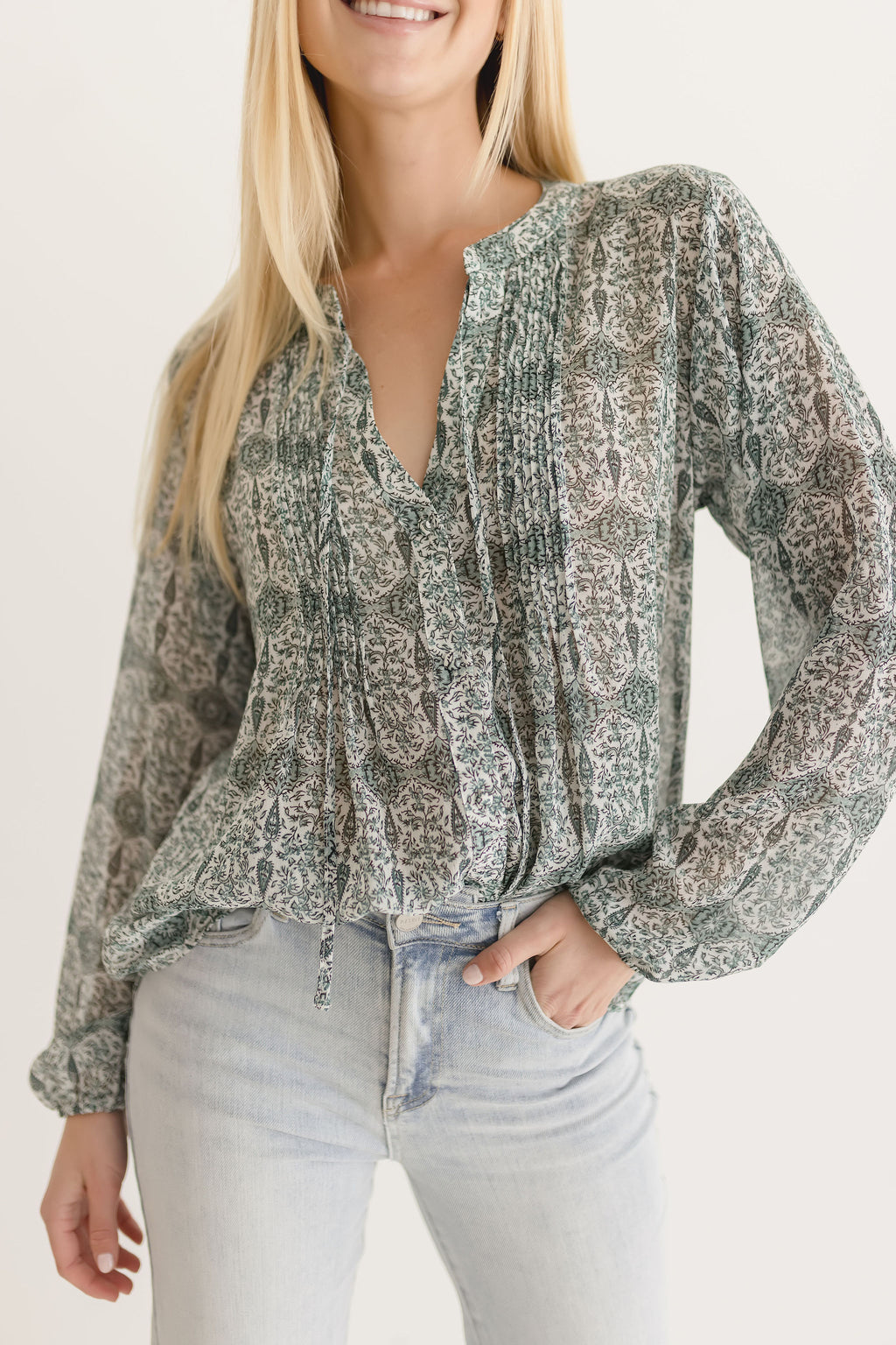 Long Sleeve Button Down Printed Blouse Sage