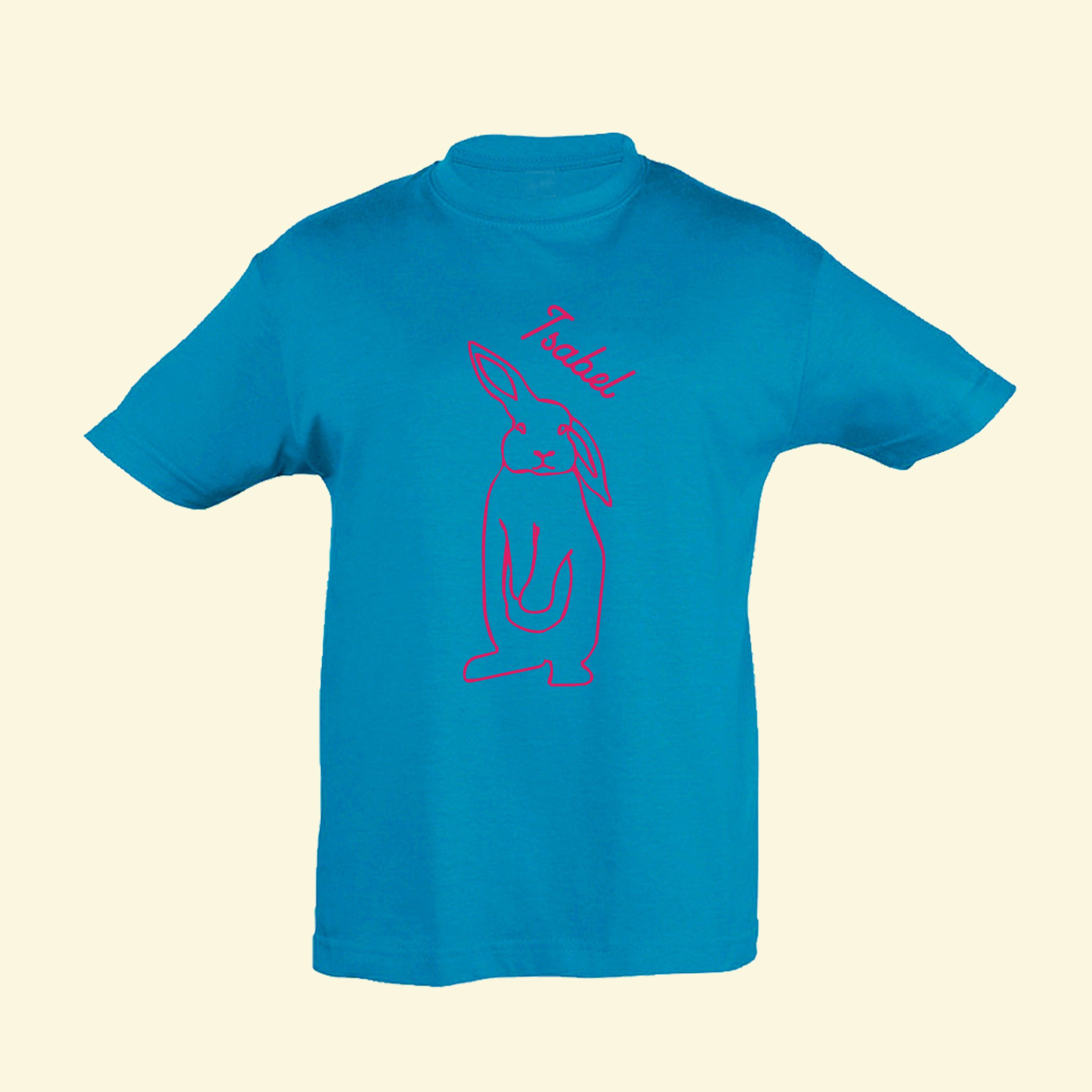 Kid’s aqua t shirt with an outline of a cute bunny, with the name Isabel printed in fuchsia pink.