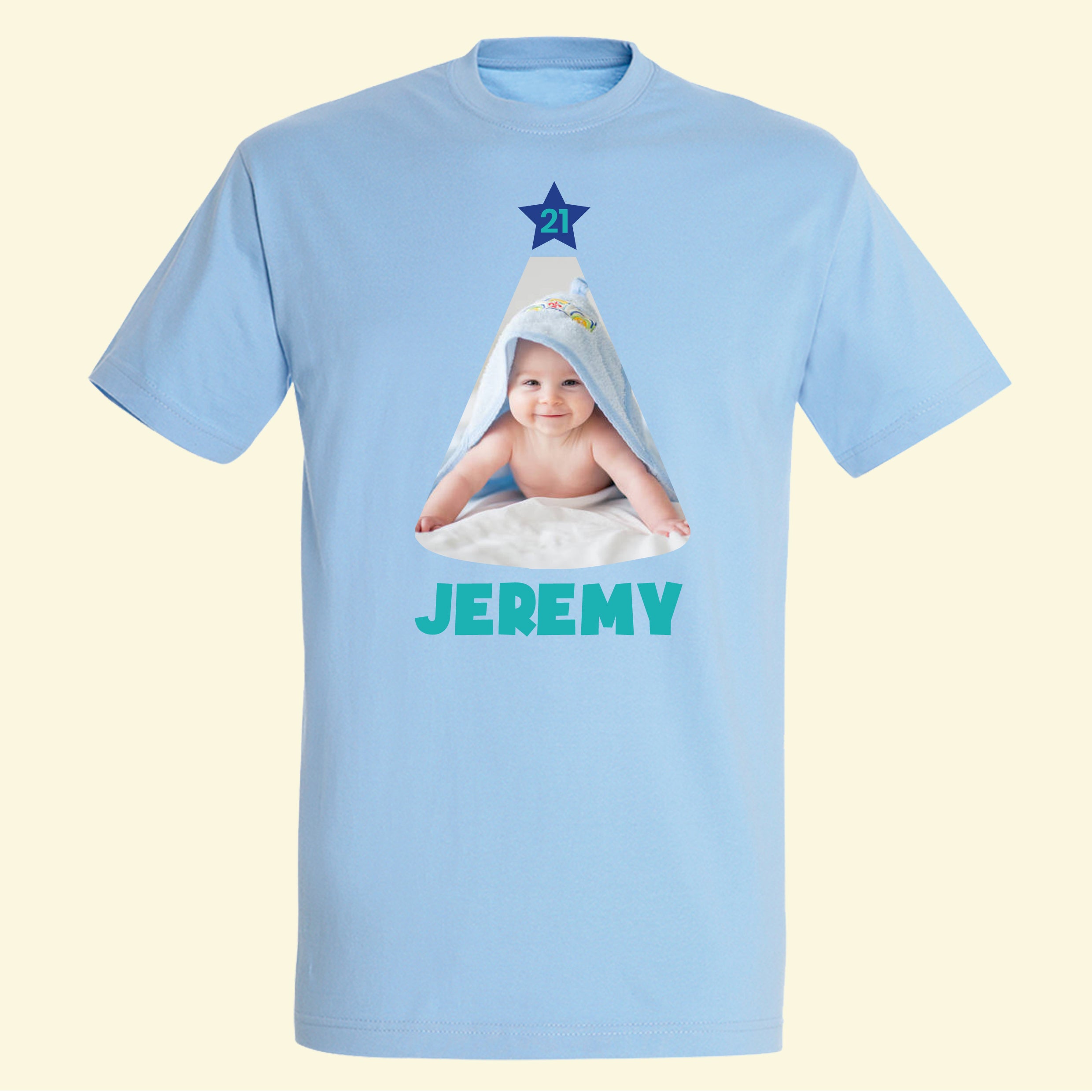 Light BlueT shirt with a party hat that has a photo of the Birthday celebrant. A star on the top of the hat with the age in and their name under the hat.
