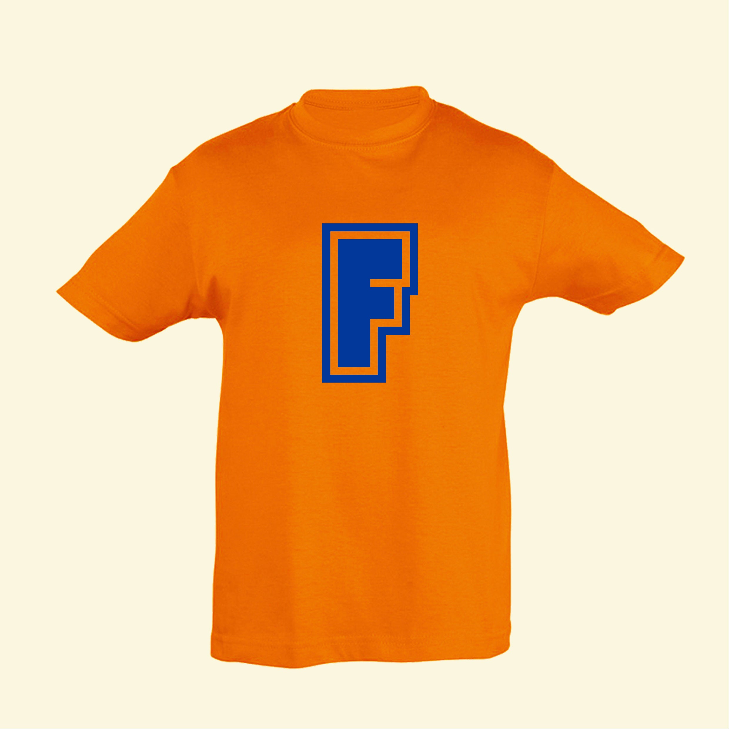 Kids orange Monogram T shirt with capital F printed in royal blue varsity font