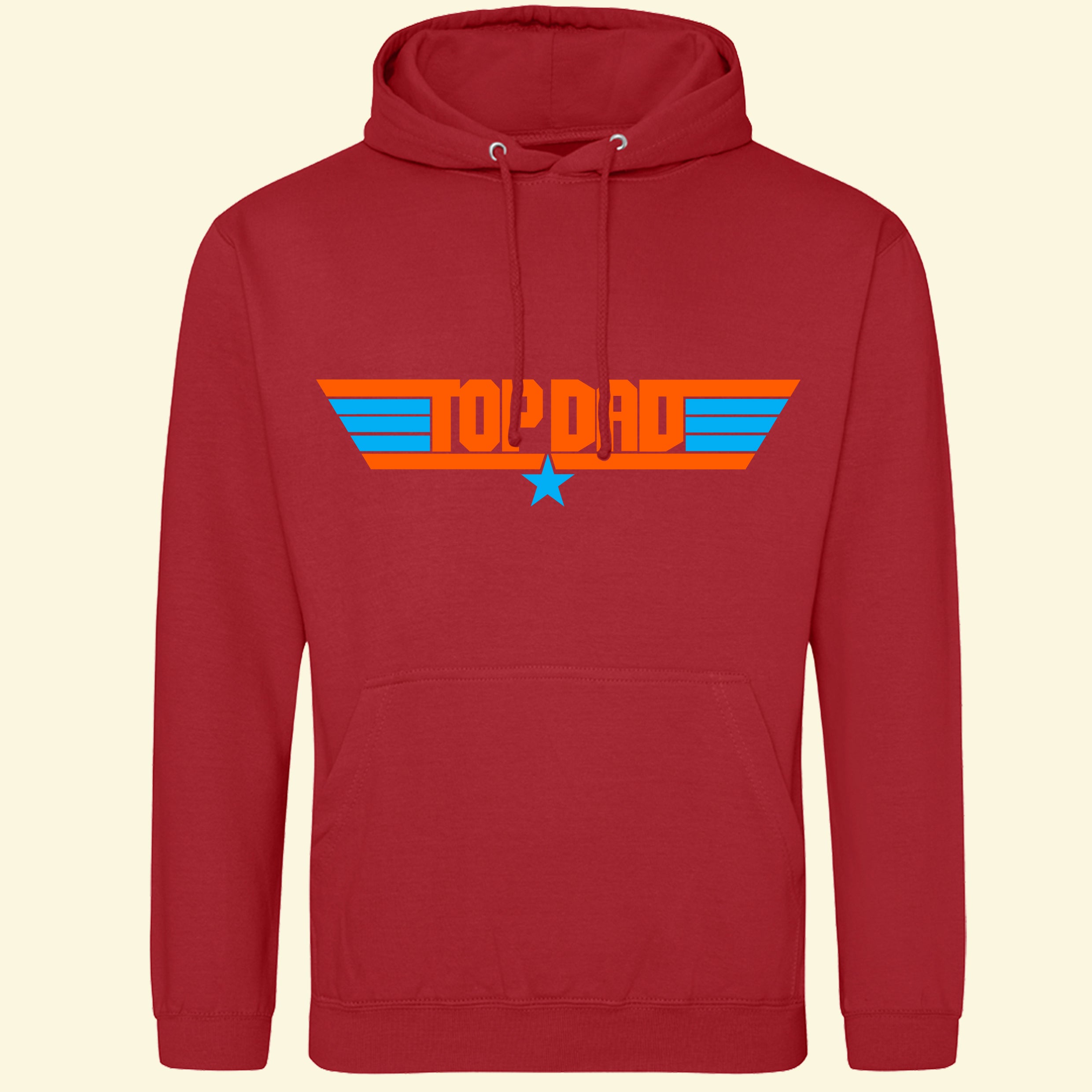 Red hoodie with a top gun inspired design on the front with the text Top Dad, with a star and stripes either side.