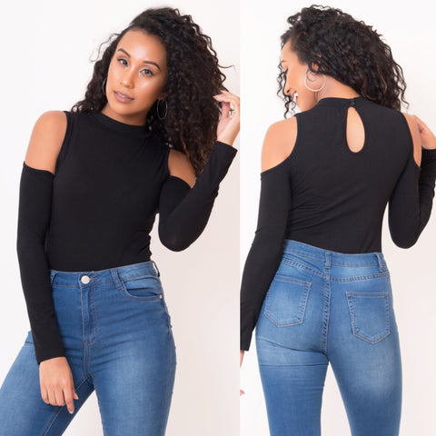 mission lane black cold shoulder bodysuit  