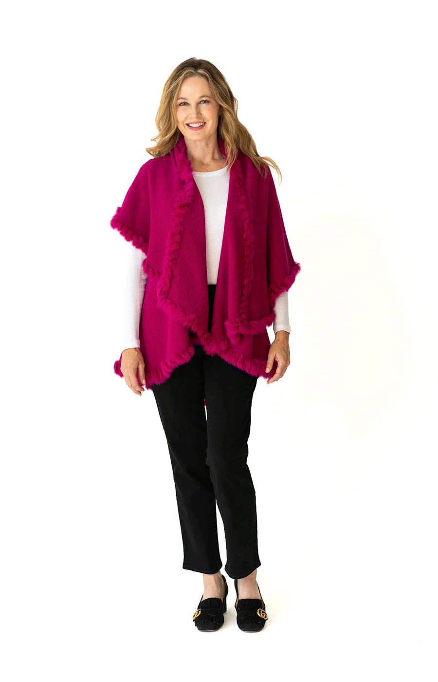 Shawl in Fuchsia with Fur Trim