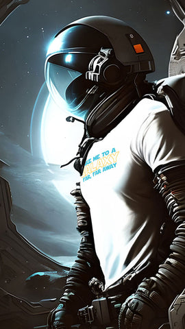 spaceman astronaut in shuttle cockpit in space wearing a white freakngeek tshirt that says take me to a galaxy far far away with star wars fonts