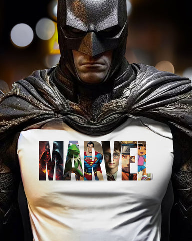dc comics character batman wearing a marvel comic universe spoof parody logo tshirt featuring darth vader kermit the frog superman harry potter naruto and dora the explorer