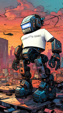 giant robot destroying a city wearing the freakngeek shirt that says ai generated shirt with a hidden message
