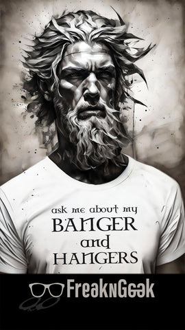 wild norse or scottish looking bearded man wearing a white tshirt that says ask me about my banger and hangers