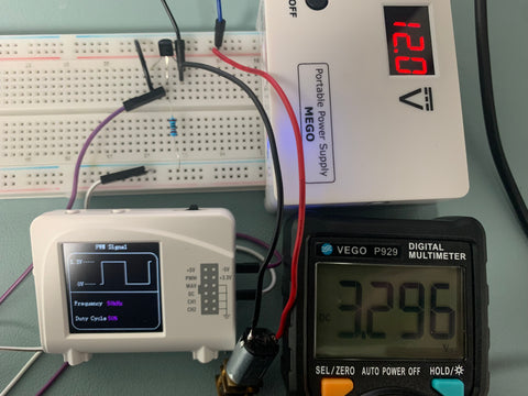 The voltage across the motor at a 50% duty cycle is about 3.3 V on multimeter