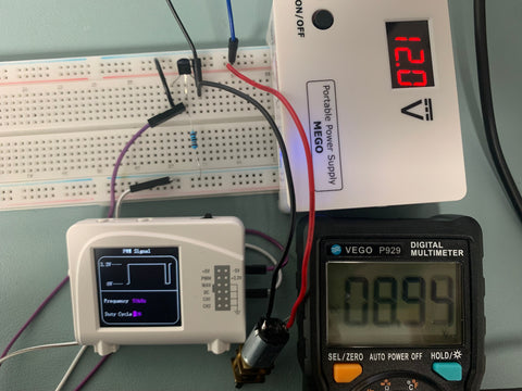 The voltage across the motor at a 90% duty cycle is about 3.3 V on multimeter