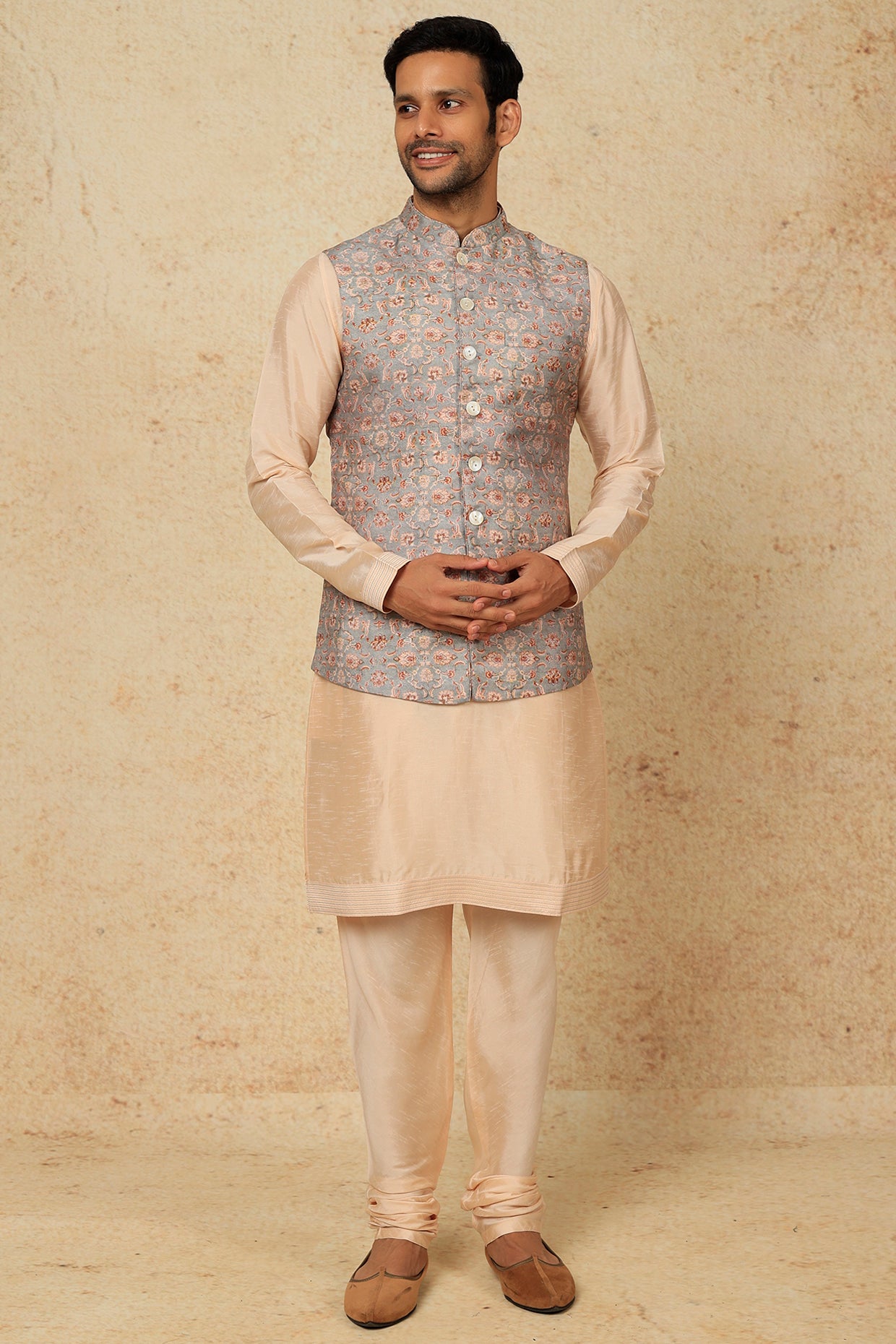 $64 - $129 - Peach Sangeet Linen Weaving Kurta Pajama With Jacket Online  Shopping