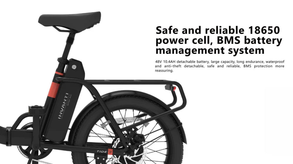 Safe and reliable 18650 power cell, BMS battery management system of INVANTI TIDE2 unisex step-through folding cargo ebike in Khaki and black