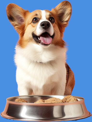 Сorgi dog standing behind the treat bowl