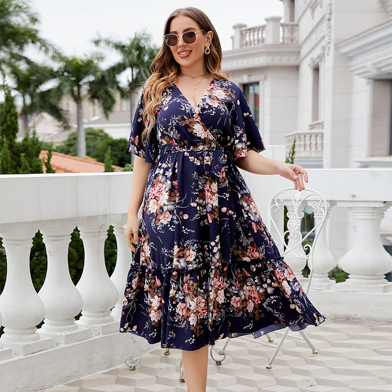 Plus Size Summer V neck Dark Blue Printed Dress - Ootddress