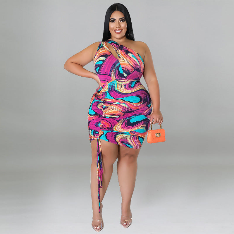 My927 Plus Size Women Clothes: Pattern Print One-Shoulder Sleeve Sexy Drawstring Bag Hip Dress - Ootddress