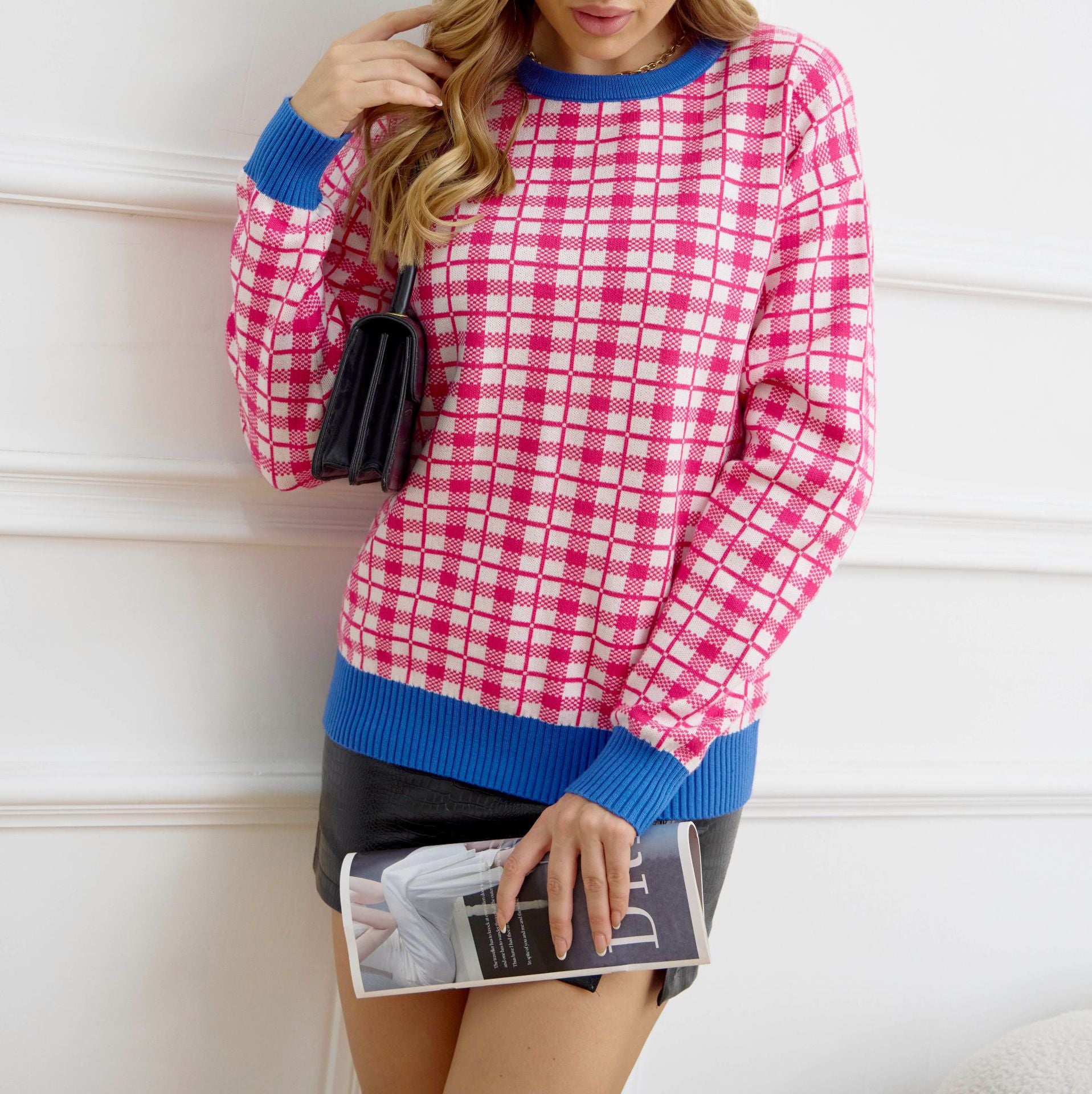 Autumn Winter Plaid Contrast Color Round Neck Soft Sweater - Long Sleeve - Ootddress