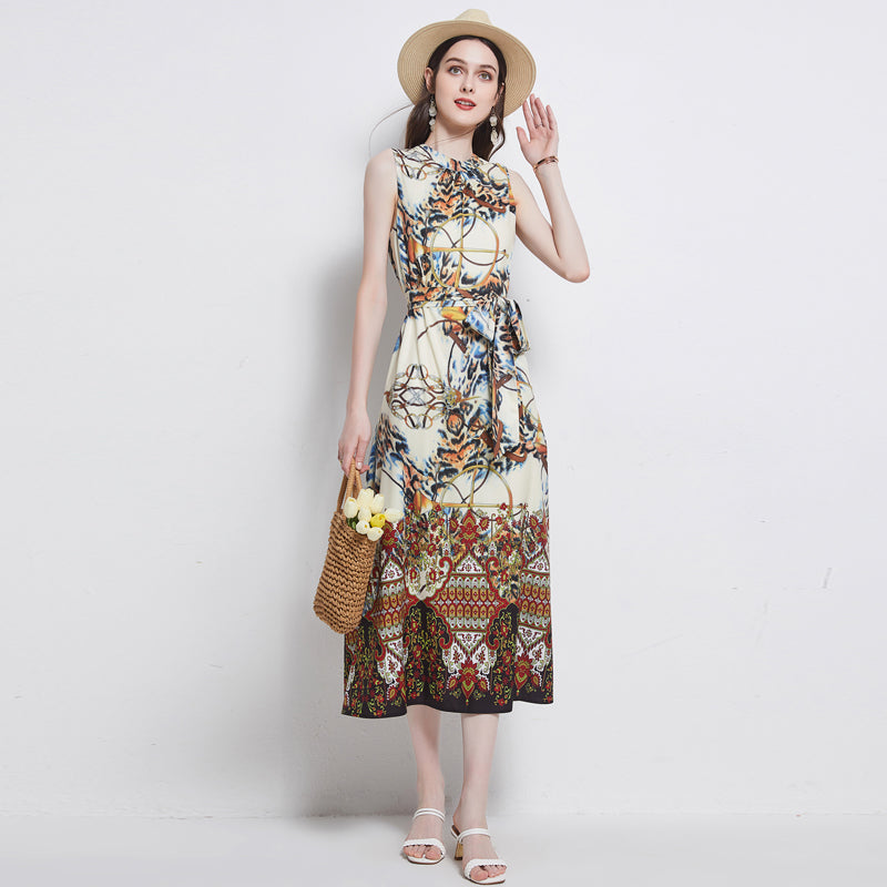 Elegant Sleeveless Floral Belted A Line Max Dress - Exquisite Summer Fashion - Ootddress