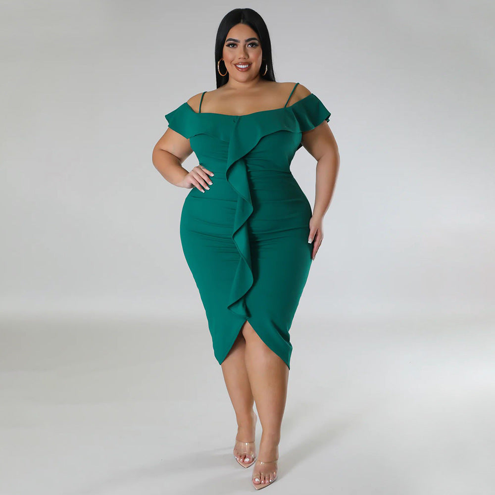 Plus Size Women Sweet Solid Color Dress - Off Neck Midi Dress - Ootddress