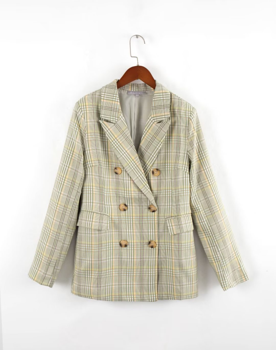 Autumn Green Worsted Elegant Plaid Office Coat - Fashionable Double Breasted Collar - Ootddress