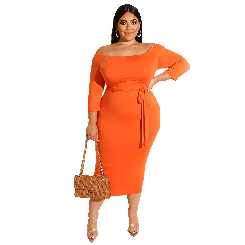 Plus Size Women's Summer Off-the-Neck Solid Color Dress - Ootddress