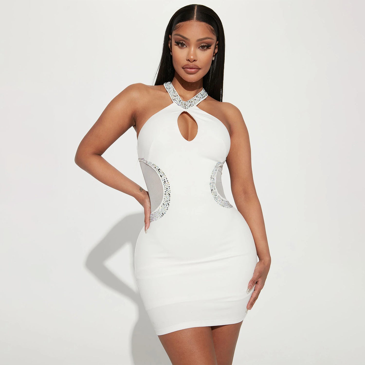 Summer Women Clothing Sexy Tight Hollow Out Cutout Rhinestone Halter Dress - Ootddress