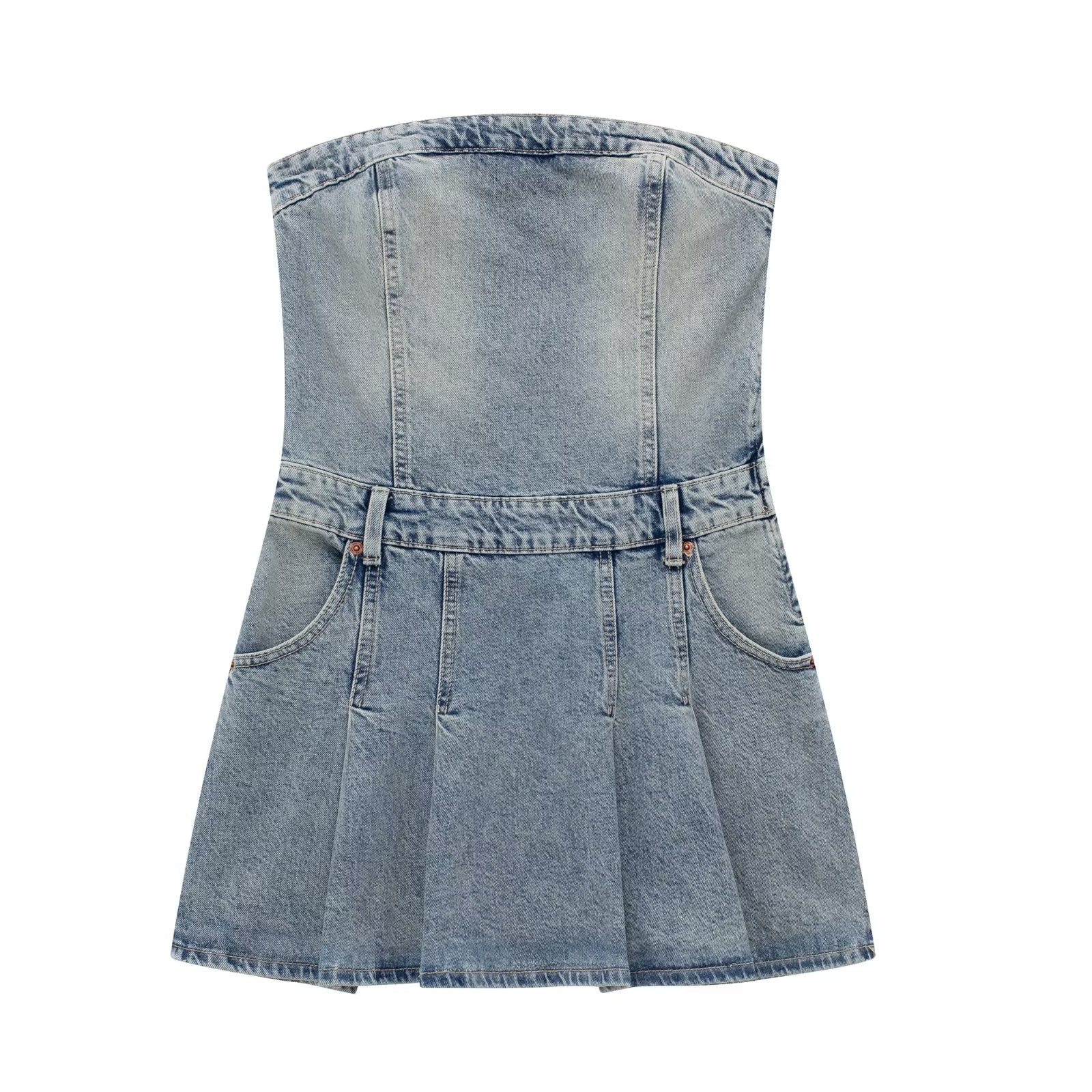 Summer Women Clothing Sexy Bandeau Pleated Denim Dress - Ootddress