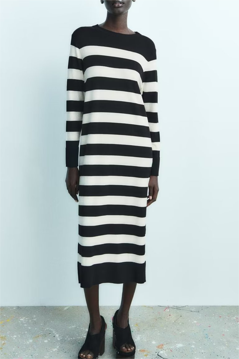 French Striped Slim Knit Long Sleeve Dress for Women - Ootddress