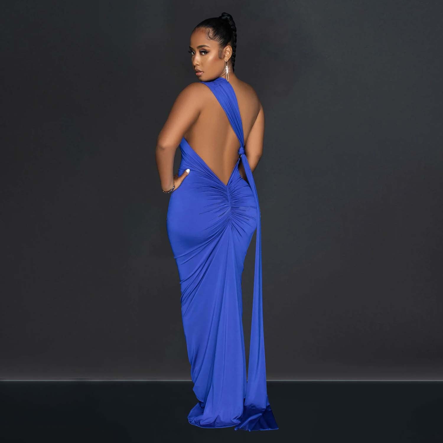 Women's Solid Color Backless Pleated Irregular Asymmetric Maxi Dress - Ootddress