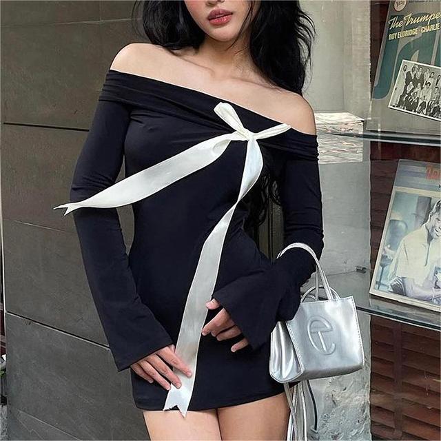 Women's Spring Summer Long Sleeve Off Shoulder Bow Sheath Dress - Flirty and Elegant - Ootddress