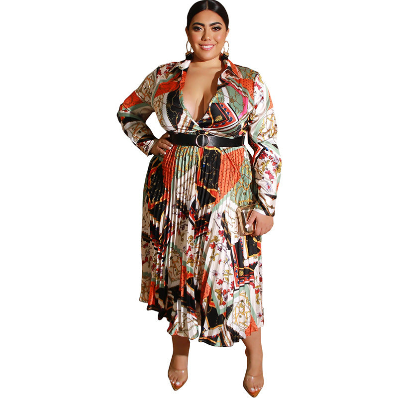 Plus Size Maxi Dress Autumn Winter Printing Pleated Satin Deep V Plunge Plunge Sexy Dress with Belt Women Clothes - Ootddress