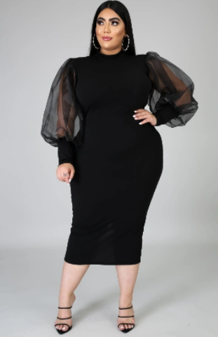 Plus Size Women's Mesh See Through Lantern Sleeve Dress - Sheath Colors - Ootddress